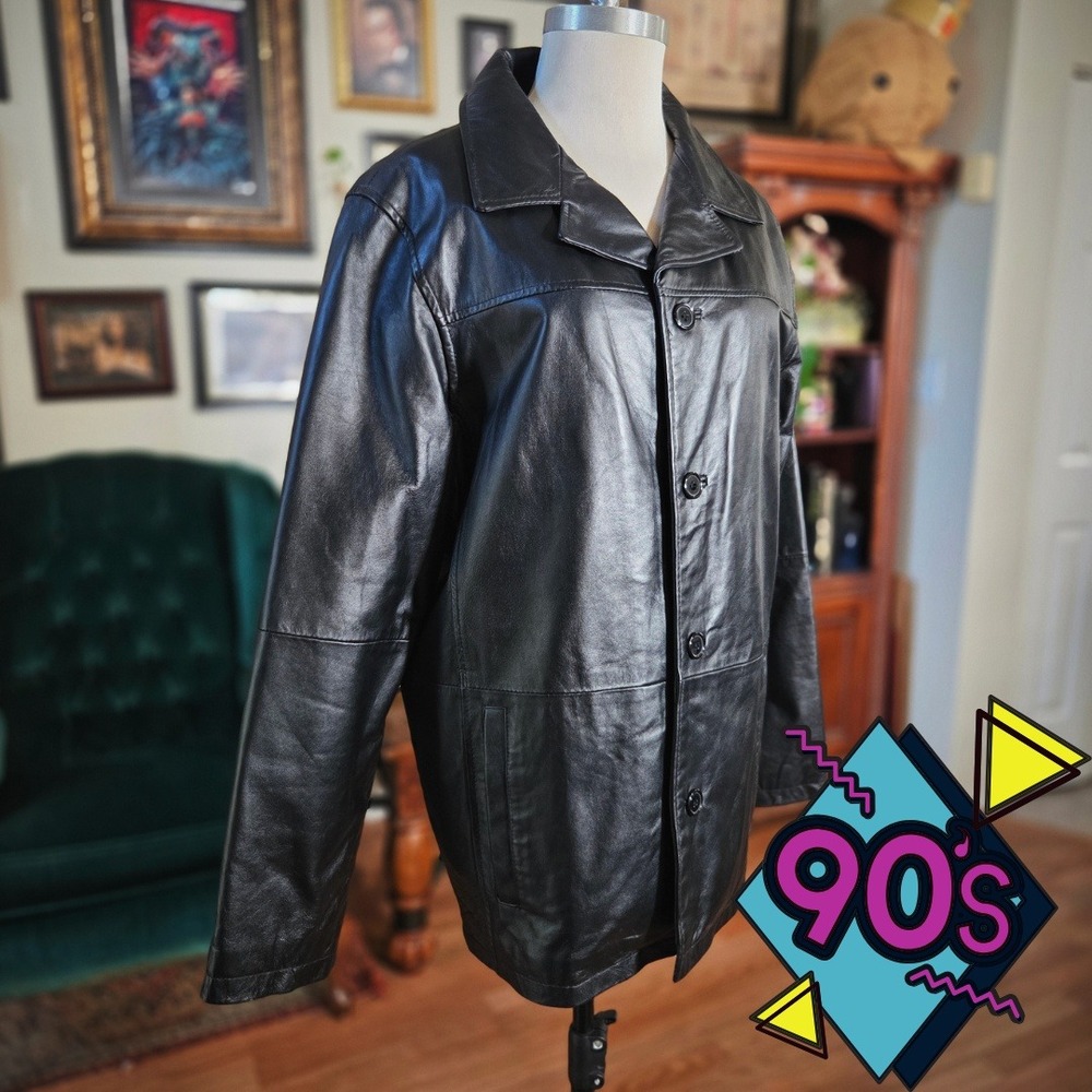 Vintage 90s Xcelled Mens Collection Black Leather‎ Button Front Coat Jacket